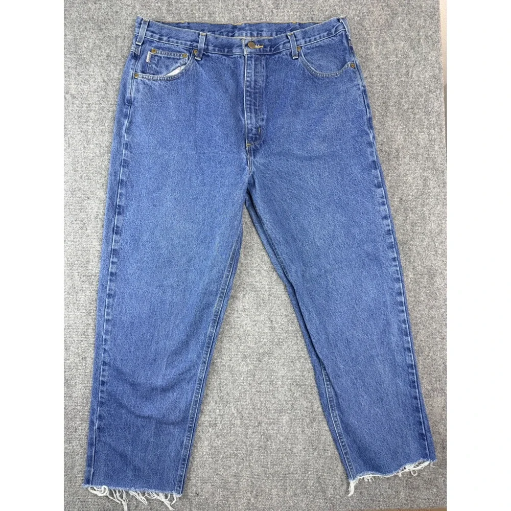 Carhartt B17 DST Relaxed Fit Jeans Mens 40x34 Blue Denim Custom Cut Raw Hem 28in